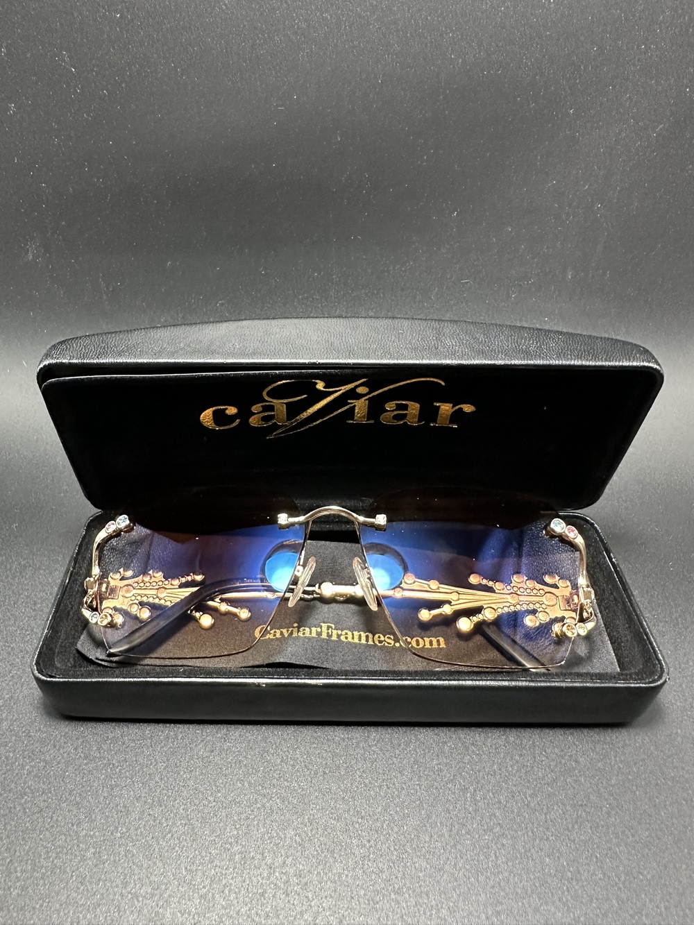 Rare Caviar Rimless Sunglasses with Swarovski Crystals and Custom Trivex lenses